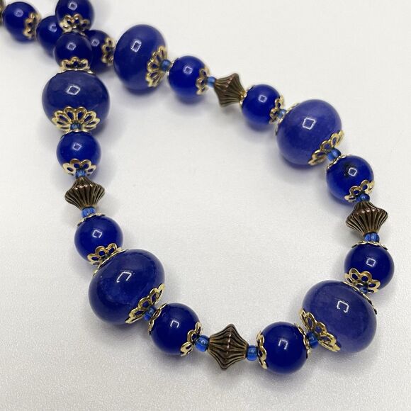 Earth Mined Sapphire Blue Gemstone Gold Tone Beaded Necklace Statement Bold - Picture 7 of 8